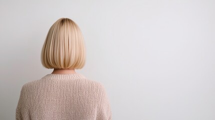 Serene blonde woman with bob haircut, facing away from camera conveying calmness and quiet confidence