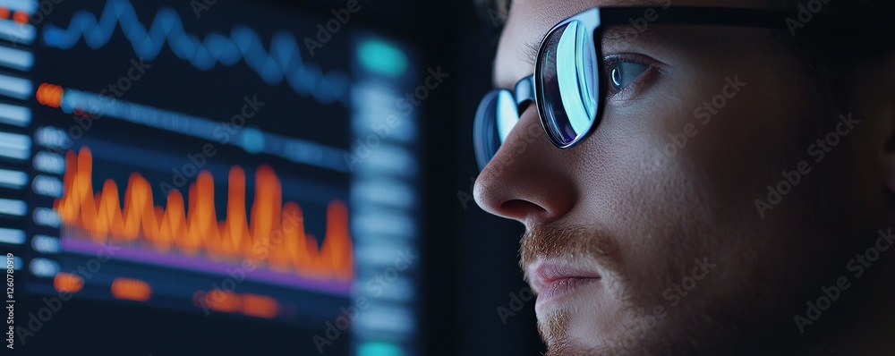 Poster Digital health chart concept. Man analyzing data on a screen, highlighting focus and technological engagement.