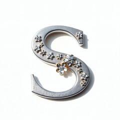Silver letter s from the English alphabet, beautifully embellished with elegant silver flowers, creating a stunning and unique decorative piece for any setting