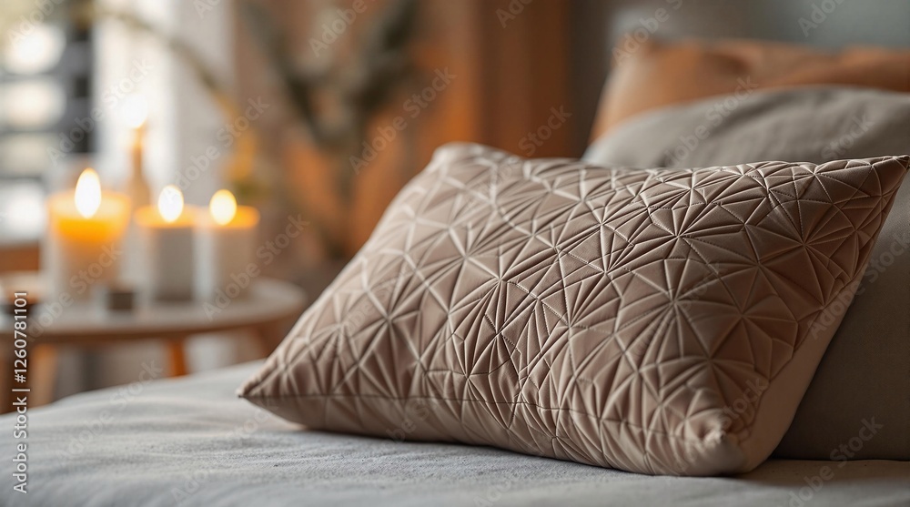 Poster a close up of a bed with a decorative pillow on it, surrounded by candles on a table to the left, wi