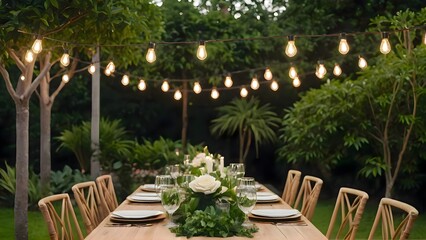 Obraz premium An inviting dinner setup in a lush green garden