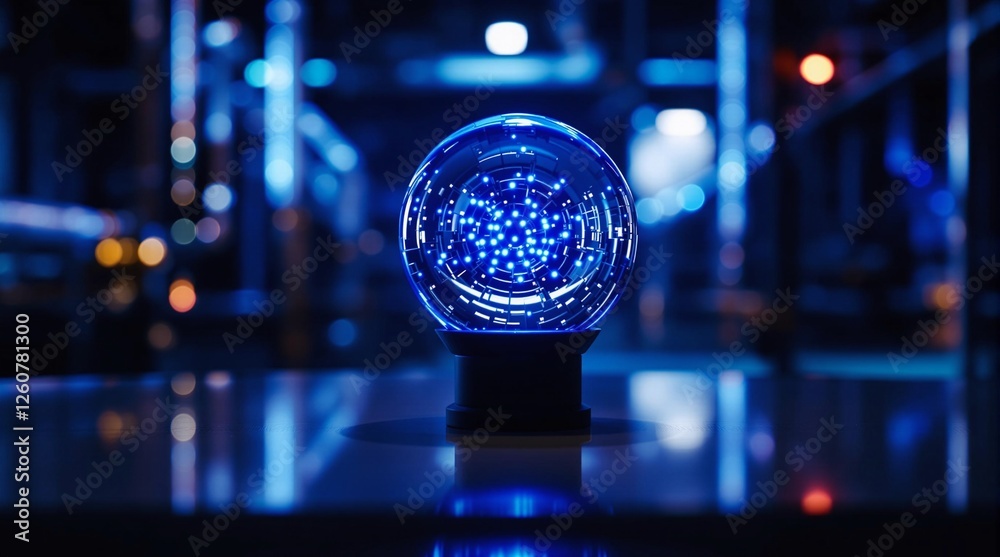 Poster A close-up shot of a spherical object illuminated by a blue light, set against a blurred background with a bokeh effect. The object is placed on a surface, and the colors range from the blue of the li