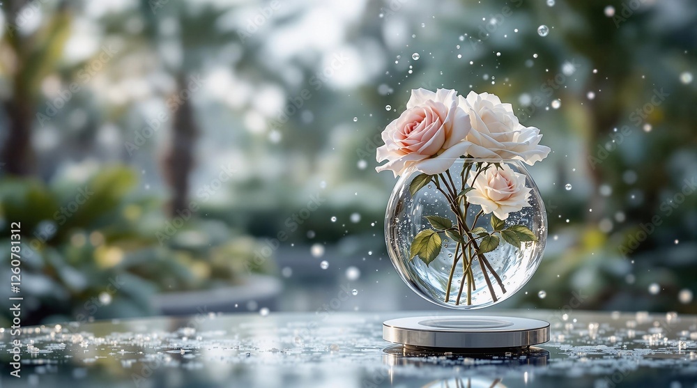 Poster a delicate arrangement of roses in a clear glass vase, set against a backdrop of a serene garden. th