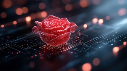 delicate, glowing red rose rests on circuit board, evoking sense of futuristic beauty and technological wonder