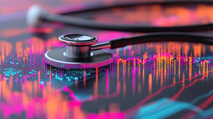 Stethoscope and digital health chart concept. A stethoscope rests on a vibrant, colorful financial chart, symbolizing healthcare and data analysis.