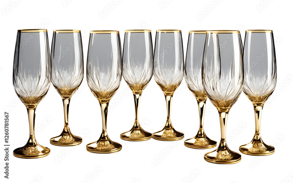 Poster a set of elegant champagne flutes with a golden rim, isolated on a empty plain background