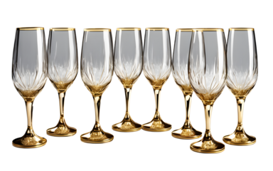 A set of elegant champagne flutes with a golden rim, isolated on a empty plain background