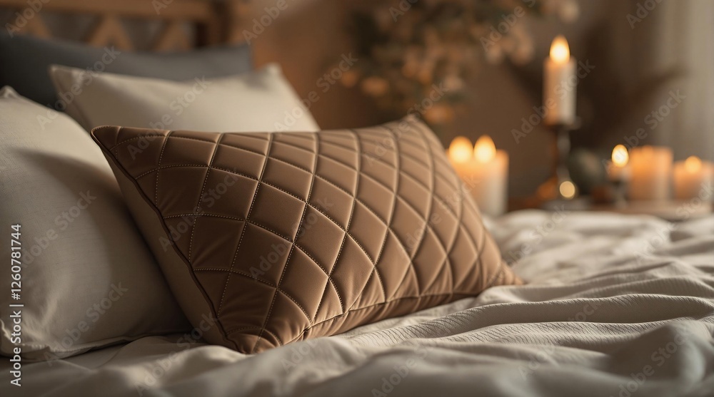 Poster A close-up of a bed adorned with a quilted pillow and white sheets, with a few candles placed on a stand in the background, creating a warm and inviting atmosphere.