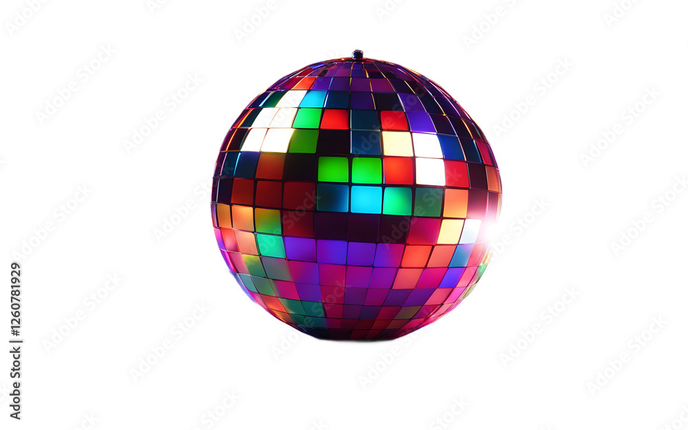 Poster a small disco light ball casting colorful beams, isolated on a empty plain background