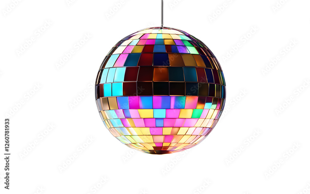 Poster a small disco light ball casting colorful beams, isolated on a empty plain background