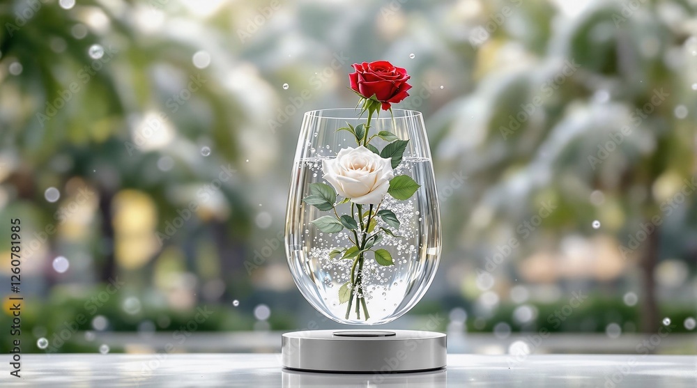 Poster a glass vase filled with water and a single red rose, set against a blurred background with a bokeh 