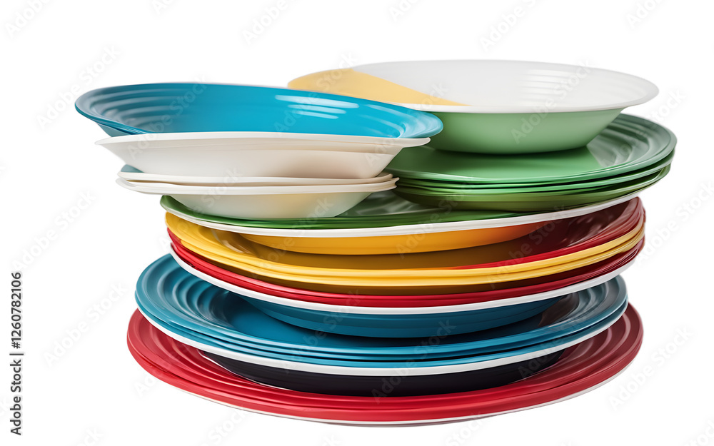 Poster A stack of colorful paper plates for a party, isolated on a empty plain background