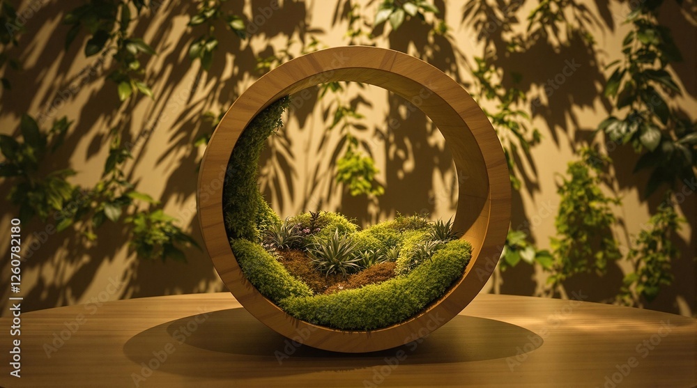 Poster A circular wooden bowl containing a lush, verdant terrarium. The terrarium is set against a backdrop of a wall adorned with a pattern of leaves, creating a serene and inviting atmosphere. The bowl is 