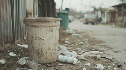 Trash can overflowing amidst street litter
