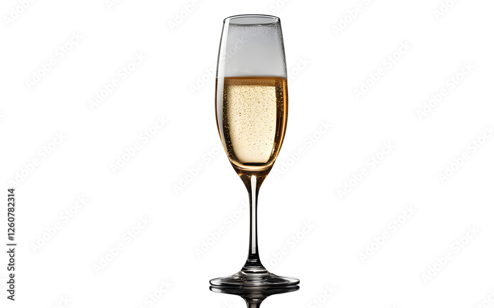 Poster a transparent champagne glass filled with bubbly liquid, isolated on a empty plain background