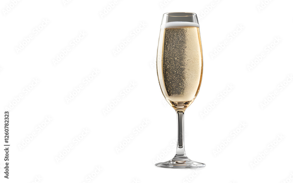 Poster a transparent champagne glass filled with bubbly liquid, isolated on a empty plain background