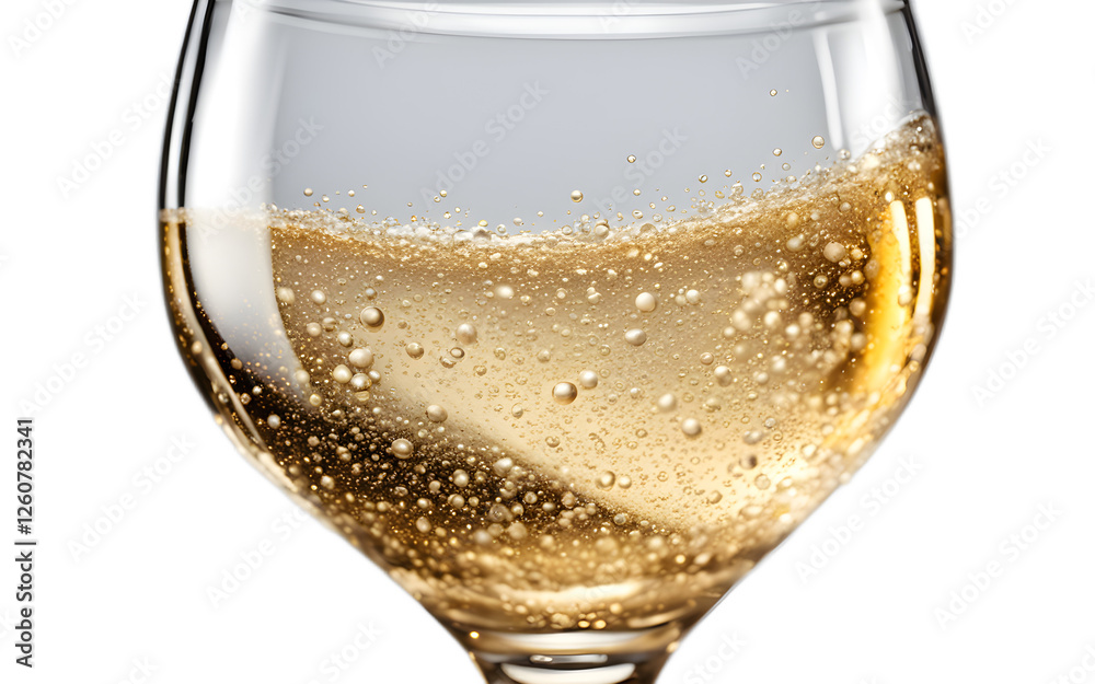 Poster a transparent champagne glass filled with bubbly liquid, isolated on a empty plain background