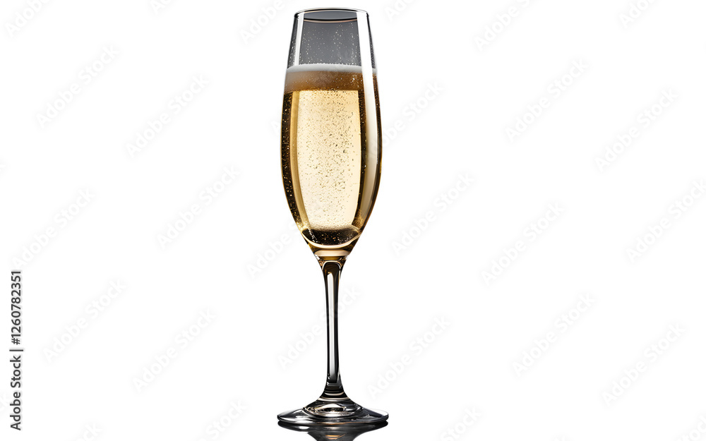 Poster a transparent champagne glass filled with bubbly liquid, isolated on a empty plain background