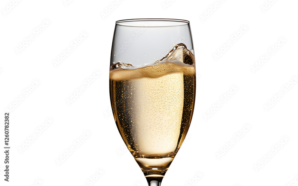 Poster a transparent champagne glass filled with bubbly liquid, isolated on a empty plain background