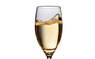 A transparent champagne glass filled with bubbly liquid, isolated on a empty plain background