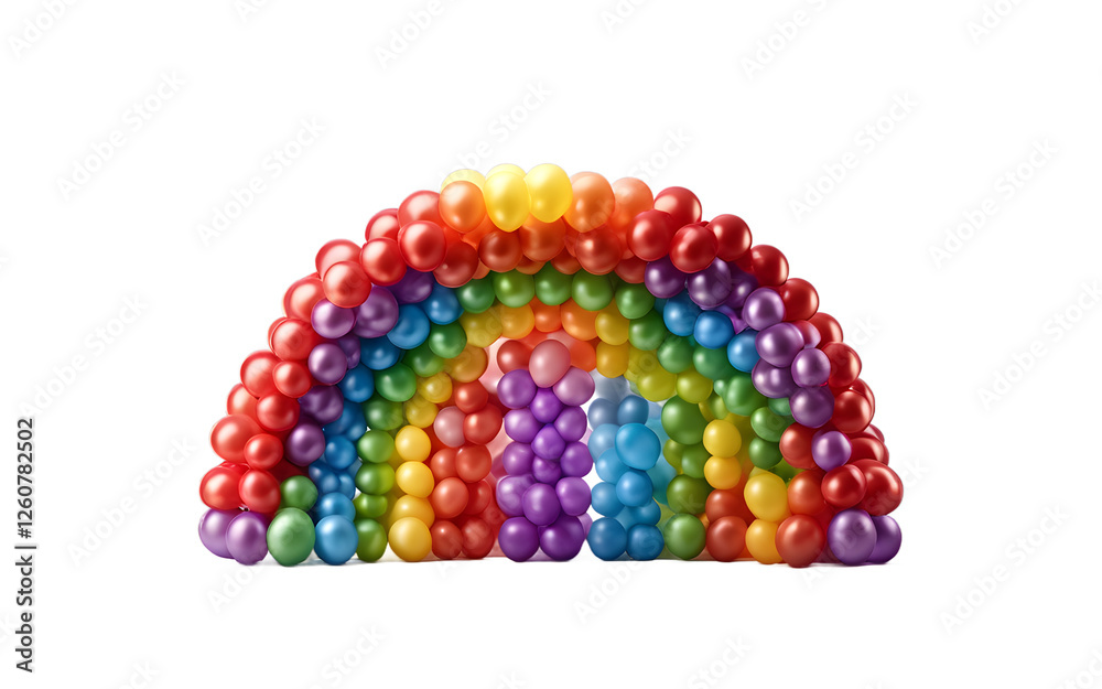 Poster a vibrant balloon arch with rainbow colors, isolated on a empty plain background