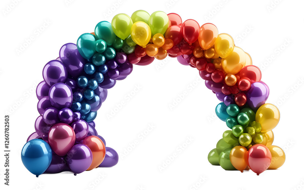 Poster a vibrant balloon arch with rainbow colors, isolated on a empty plain background