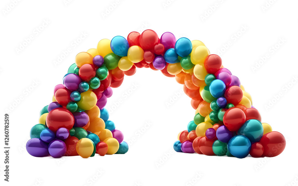 Poster a vibrant balloon arch with rainbow colors, isolated on a empty plain background
