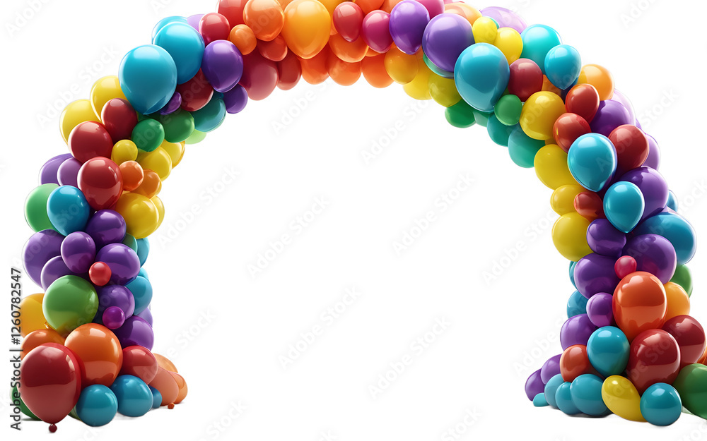 Poster a vibrant balloon arch with rainbow colors, isolated on a empty plain background