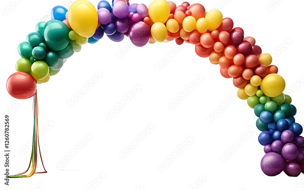 Poster a vibrant balloon arch with rainbow colors, isolated on a empty plain background