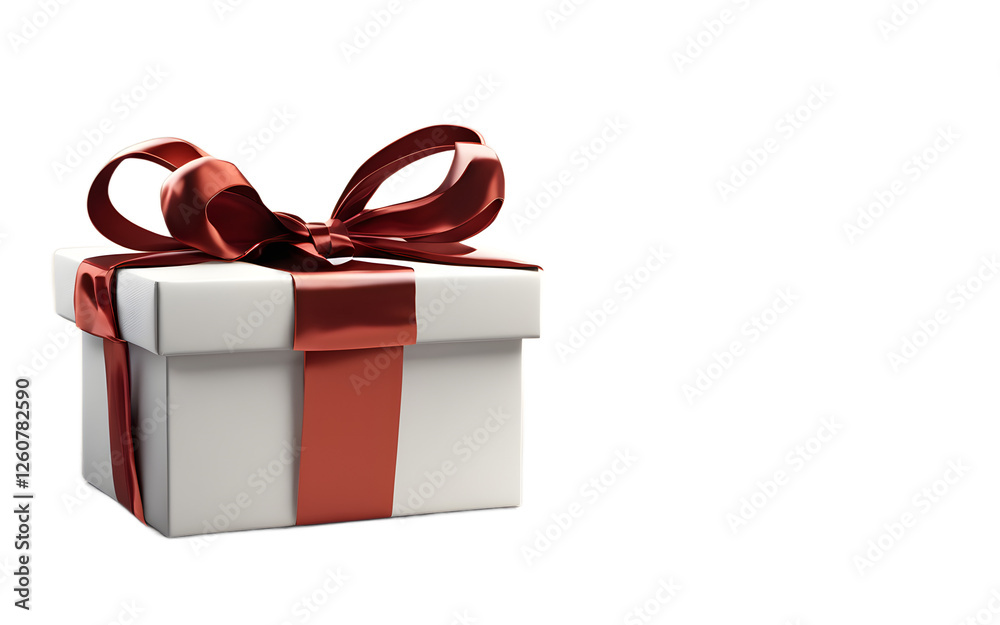 Poster A wrapped gift box with a shiny bow, isolated on a empty plain background