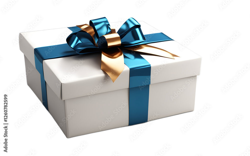 Poster A wrapped gift box with a shiny bow, isolated on a empty plain background