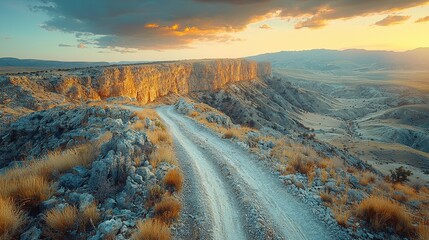 Rugged canyon road sunset dramatic landscape serene peaceful adventurous journey winding path desert mountains rocks dusk twilight golden hour nature landscape scenery travel exploration adventure