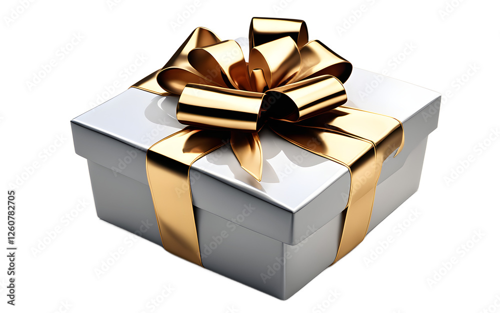 Poster A wrapped gift box with a shiny bow, isolated on a empty plain background