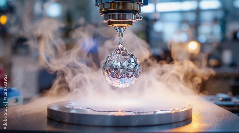 Poster A high-tech laboratory setting, where a CNC milling machine is in the process of cutting a crystal. The background is blurred, emphasizing the precision of the machinery and the intricate details of t