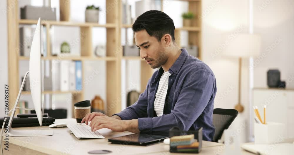 Aufkleber Email, businessman at desk with computer and tablet writing online article, creative review or digital networking. Typing, website search and man in office working on business report for development.