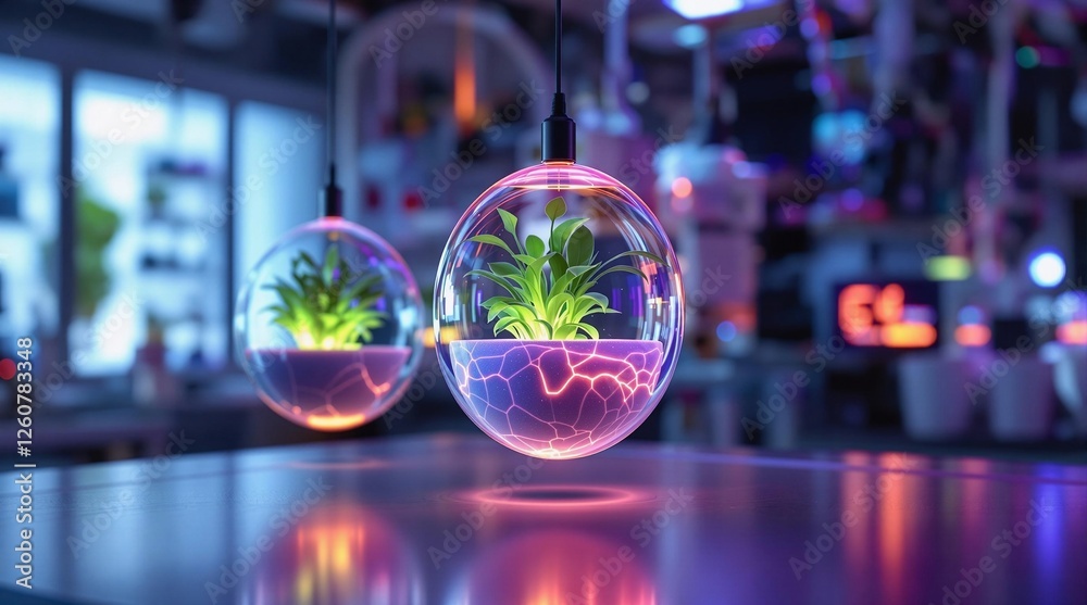 Poster a vibrant, neon-lit indoor setting with two transparent glass orbs suspended from the ceiling, each 