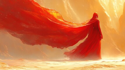 Mysterious figure in a flowing red cloak standing in a golden landscape