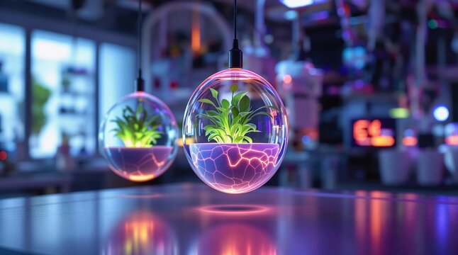 A vibrant, neon-lit indoor setting with two transparent glass orbs suspended from the ceiling, each containing a plant. The orbs are illuminated from within, casting a soft glow on the reflective surf