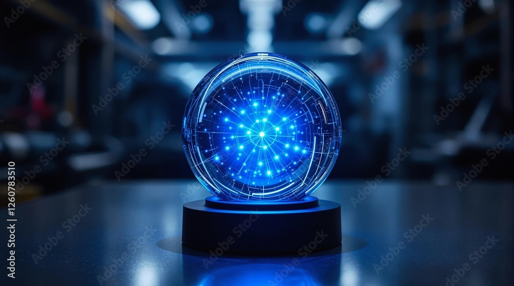 Poster A captivating blue light emanating from a spherical object placed on a surface, with a blurred background suggesting an indoor setting. The light casts a mesmerizing glow, creating a sense of depth an