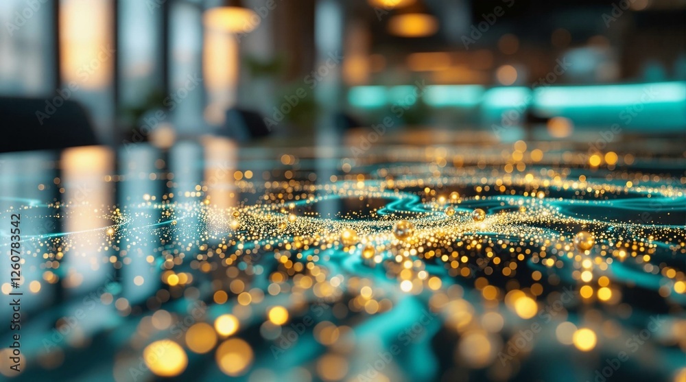 Poster a close-up shot of a reflective surface, possibly a table, with a bokeh effect of golden lights. the