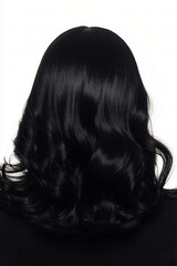 Fototapeta premium Jet Black Wavy Hair: Luxurious, long, jet-black hair cascades in soft, romantic waves, showcasing a healthy shine and natural movement. The rear view emphasizes the volume and texture. 
