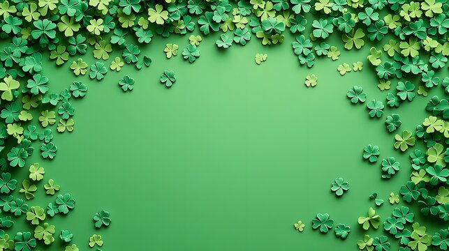 3D Plasticine Shamrock Confetti in Green St Patrick's Day Background with Copy Space