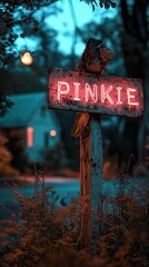 Close-up of a vintage neon sign reading 'Pinkie' illuminated against a blurry residential neighborhood backdrop in the twilight ambiance
