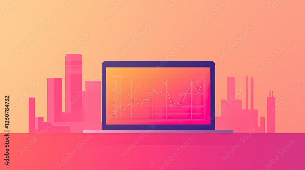 Aufkleber a laptop displaying data analytics against a vibrant city skyline backdrop.