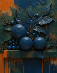Abstract artwork featuring blue fruits and leaves on a textured colorful background