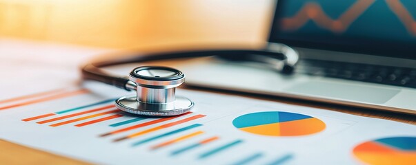 Stethoscope and digital health chart concept. Medical analysis with graphs, stethoscope, and laptop illustrating healthcare data trends.