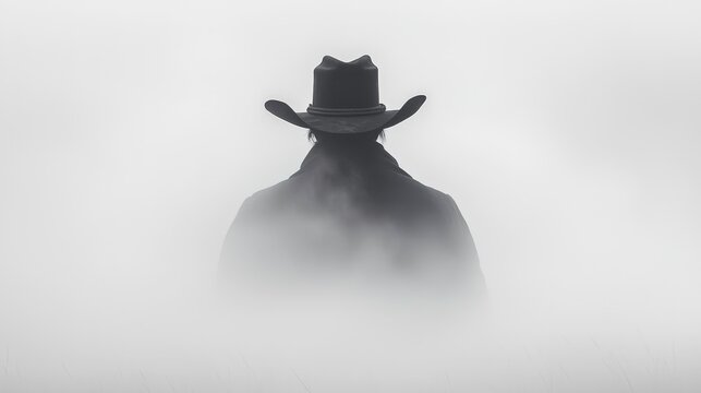 Mysterious figure in cowboy hat, shrouded in fog evoking sense of solitude and mystery