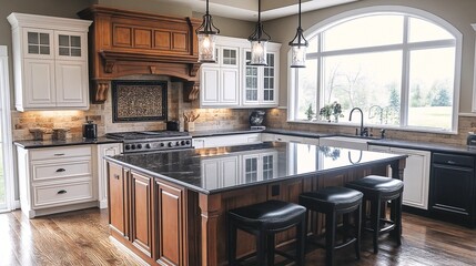 A modern kitchen with wood accents and a large window.
