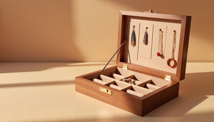 Jewelry organizer box open in soft light, showcasing elegant accessories and storage