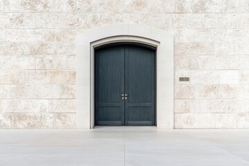 Elegant dark wooden double door on a white stone wall